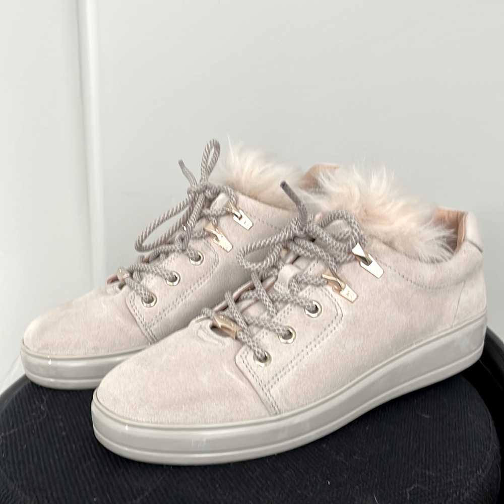 Taryn Rose Georgy Suede Sneaker with Faux Fur in “Chalk”